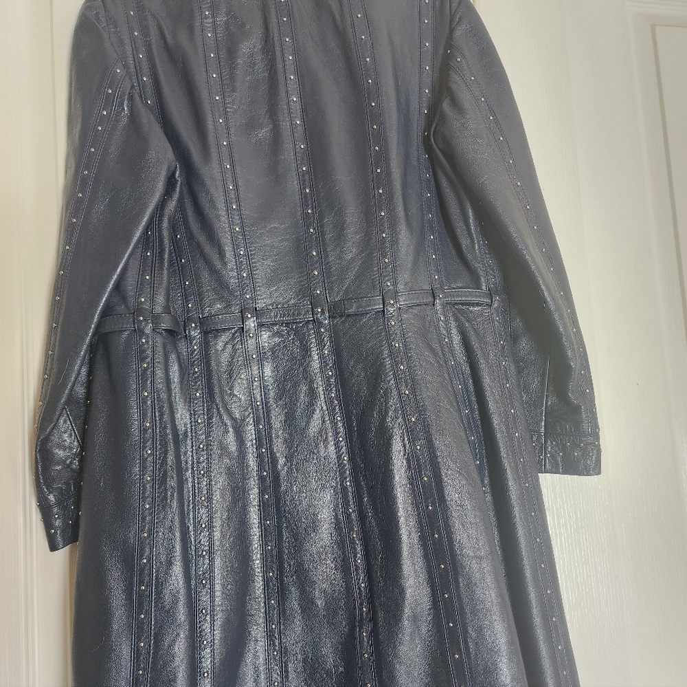 Chic Navy Blue, Gamolin Of Barcelona Vintage Leather Studded Women's Trench Coat - Picture 3 of 16
